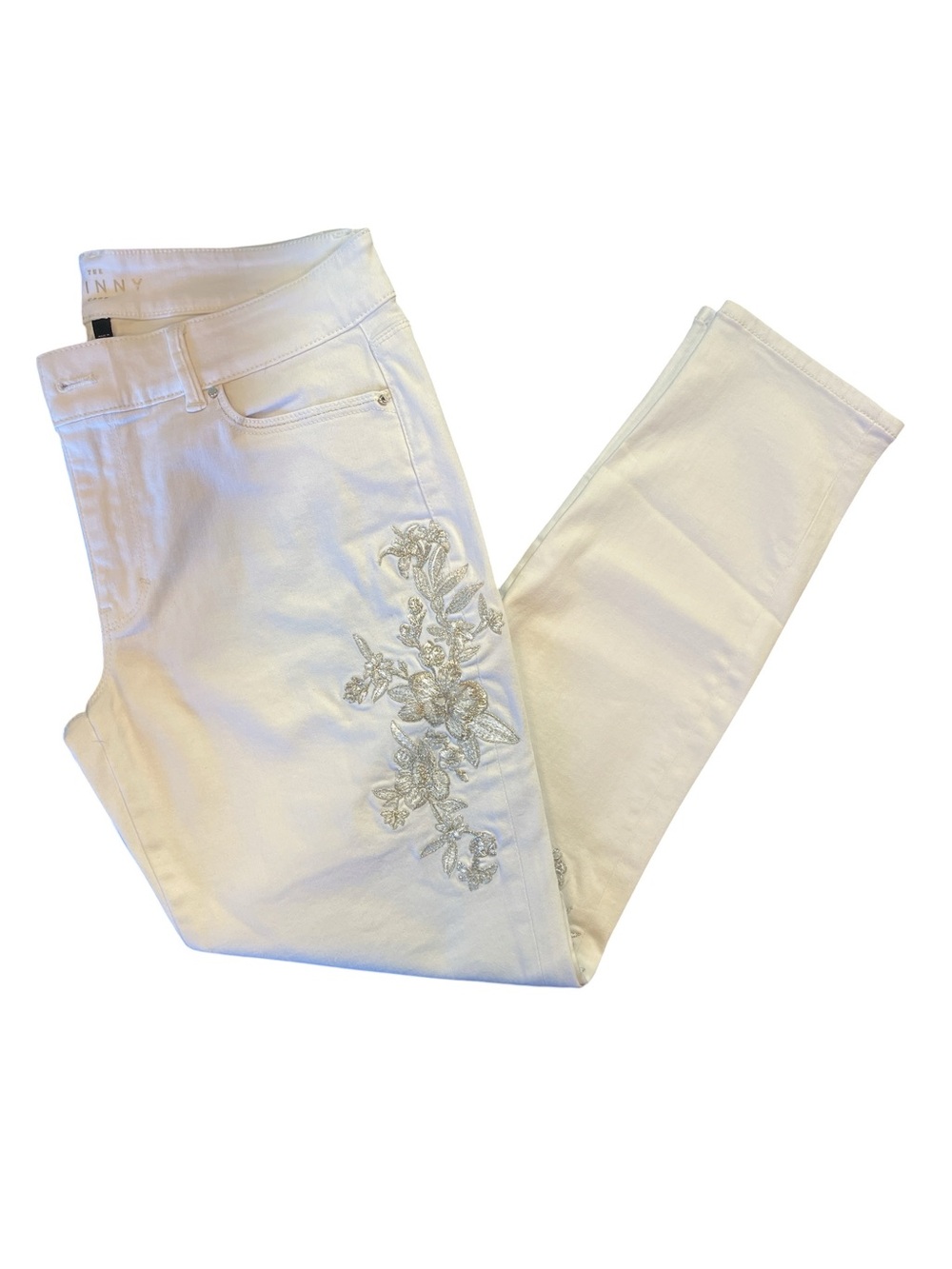 White House Black Market White Skinny Crop with Silver Embroidery